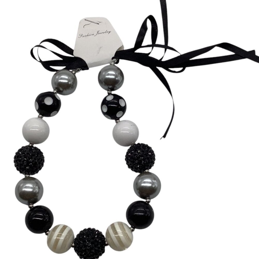 Chunky Beaded Girls Necklace With Ribbon Tie Closure In Black White‎ & Silver